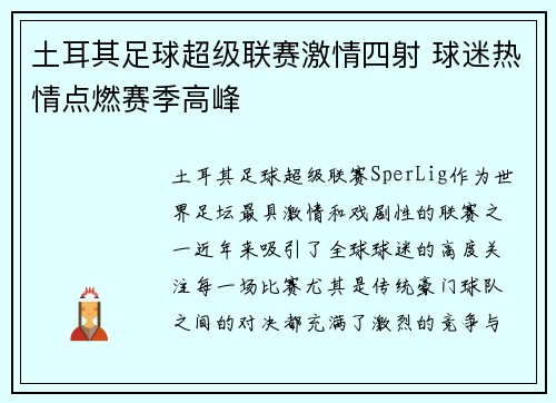 土耳其足球超级联赛激情四射 球迷热情点燃赛季高峰